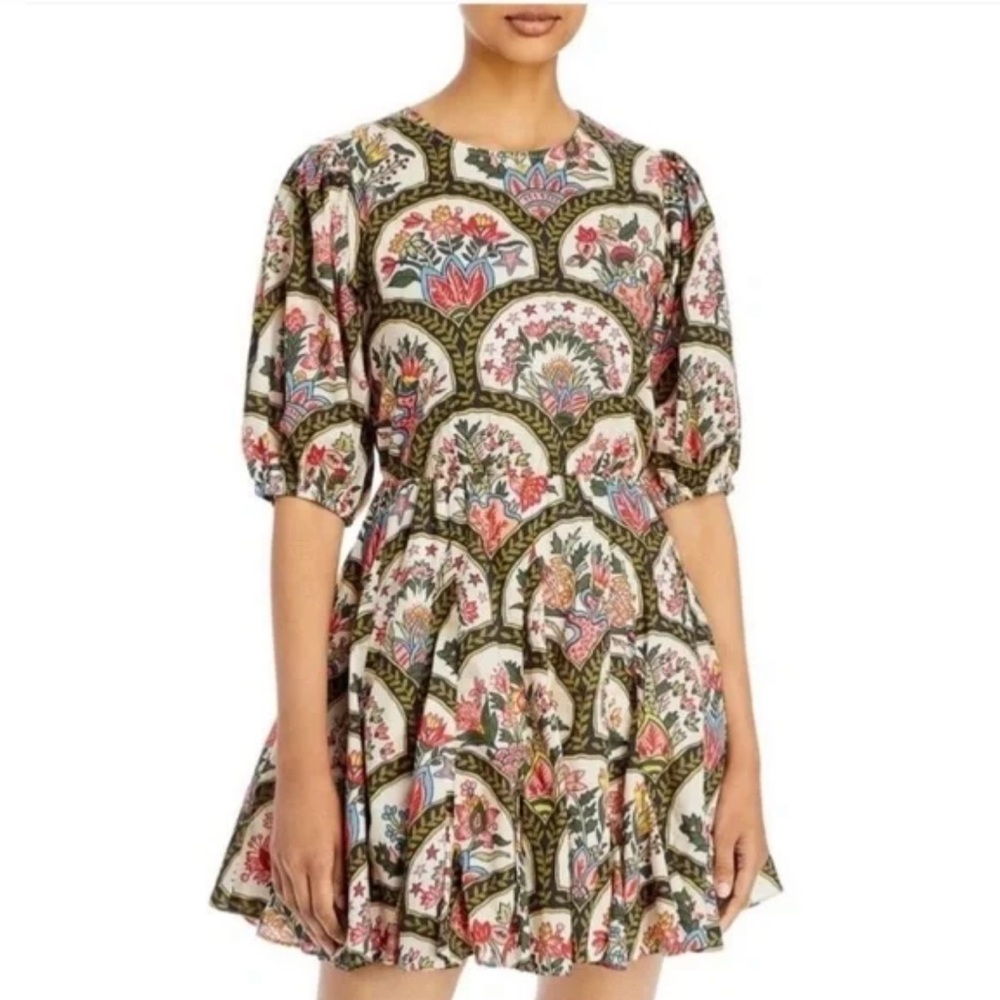 Christian Lacroix Lace-up Back Floral Print Mini Dress with Puff Sleeves